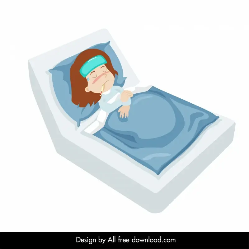 unhealthy girl icon fever bed sketch cartoon design 