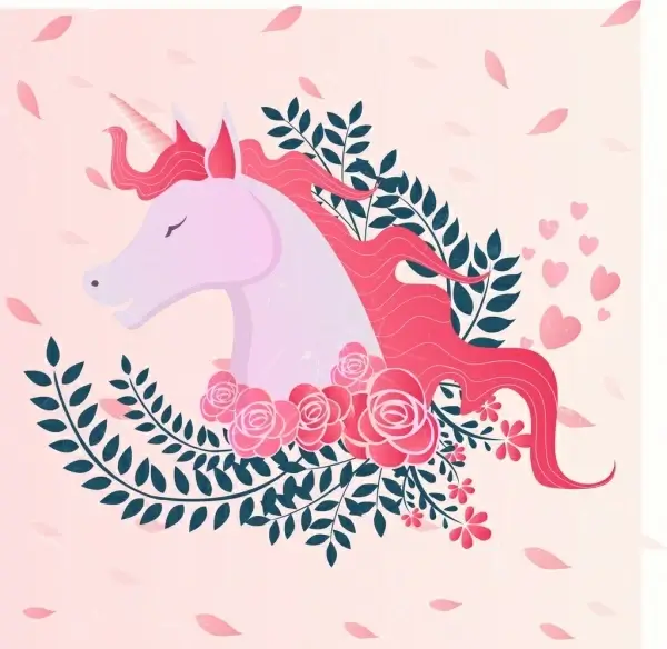 unicorn drawing pink design roses leaves decoration