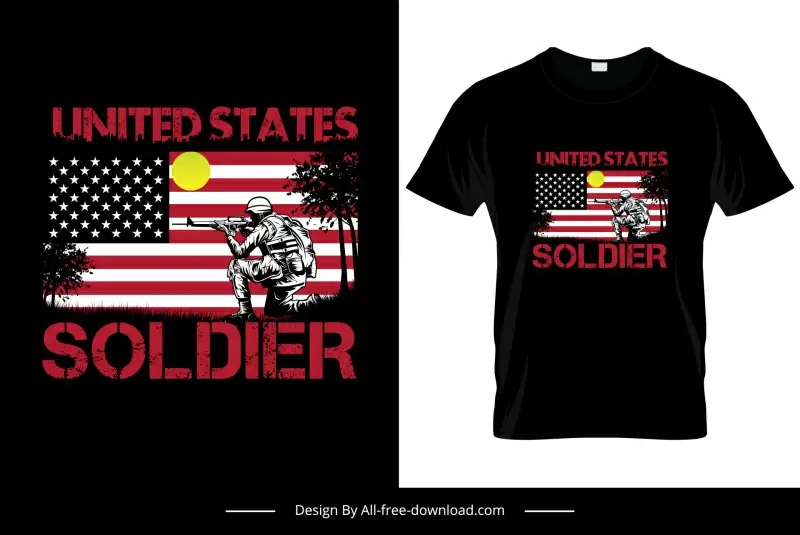 united states soldier tshirt template dark retro silhouette flag trees warrior sketch