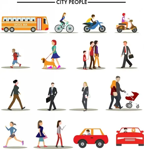 urban people icons isolation various types and colors