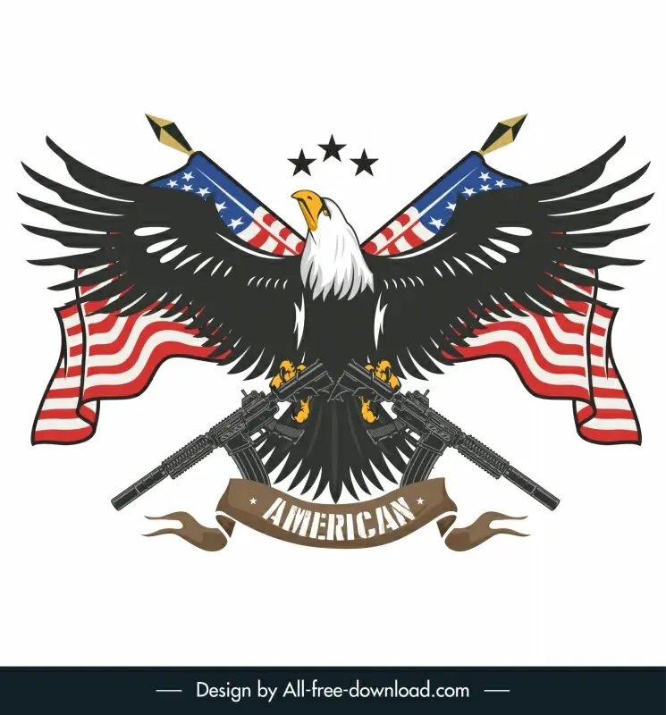 us army logotype symmetric eagle flat wings guns flag ribbon sketch