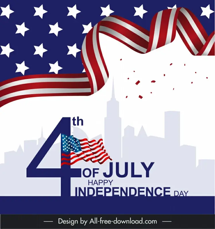 us independence day holiday poster city scene silhouette dynamic ribbon confetti decor