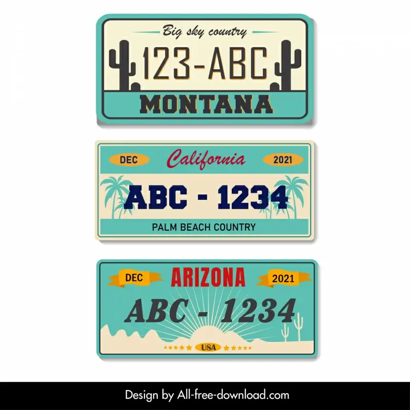 usa car number plate templates flat classical numbers cactus coconut sun sketch
