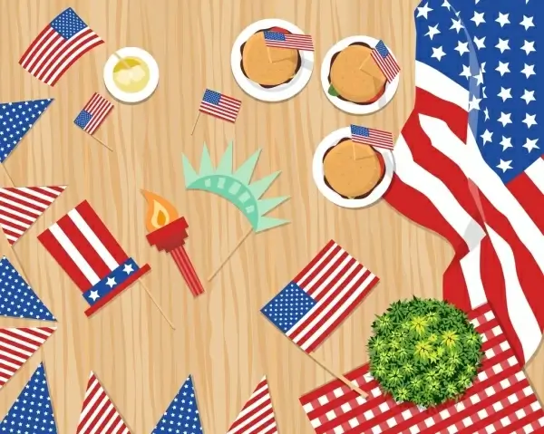 usa icons flags decorated objects colorful design