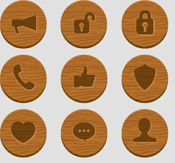 user interface icons flat wooden decor circles isolation