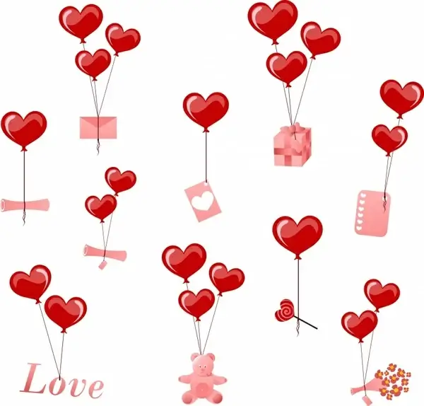 valentines design elements floating hearts balloon gifts icons