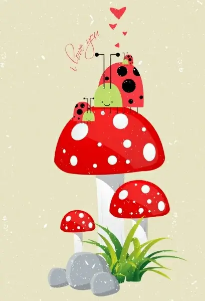 valentine background red mushroom ladybirds icons retro design