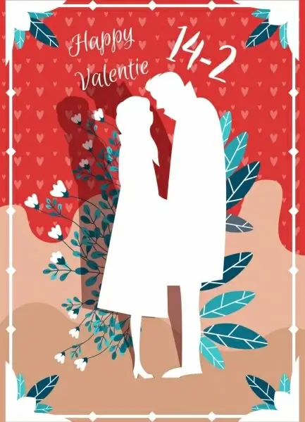 valentine banner couple leaves icon classical silhouette design