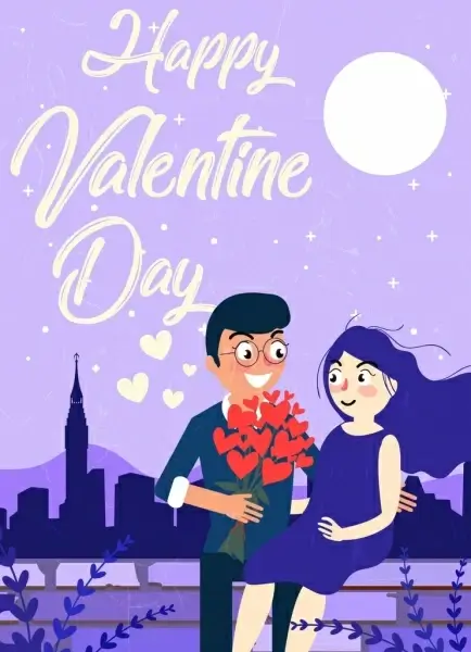 valentine banner love couple moonlight icons colored cartoon