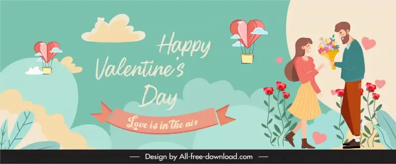 valentine banner template romantic sky elements heart botany decor cartoon sketch