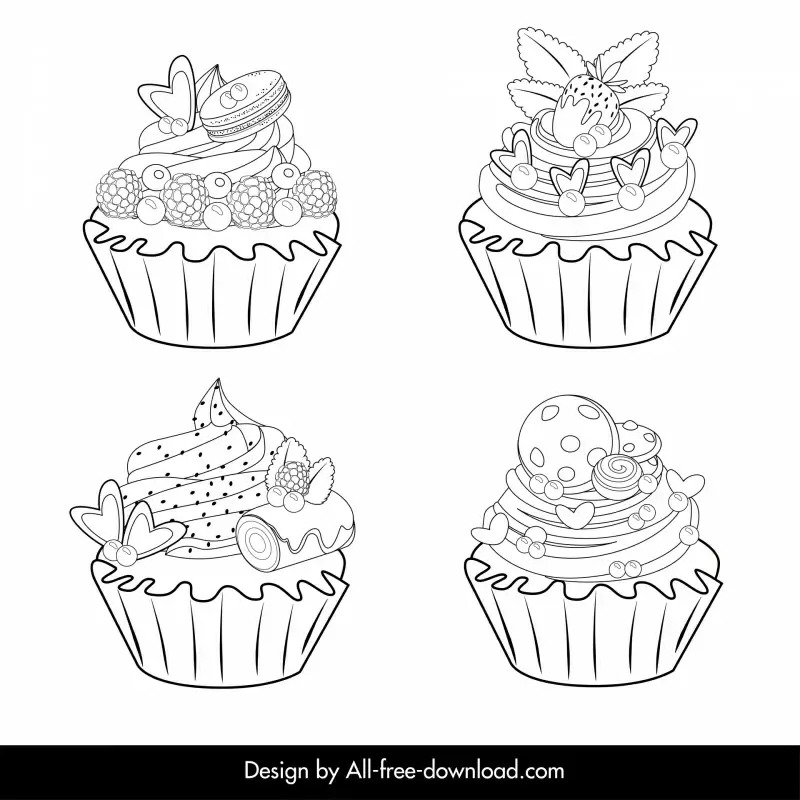 valentine cupcake icons collection black white handdrawn outline 