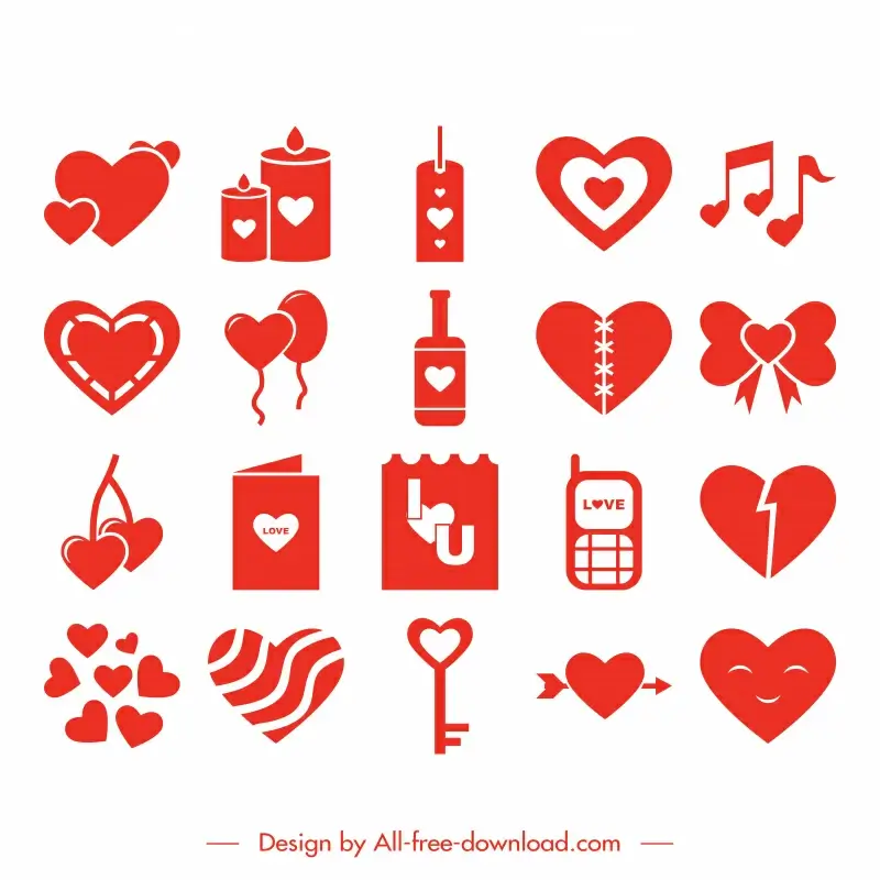 valentine day icon sets heart shape symbols outline red decor