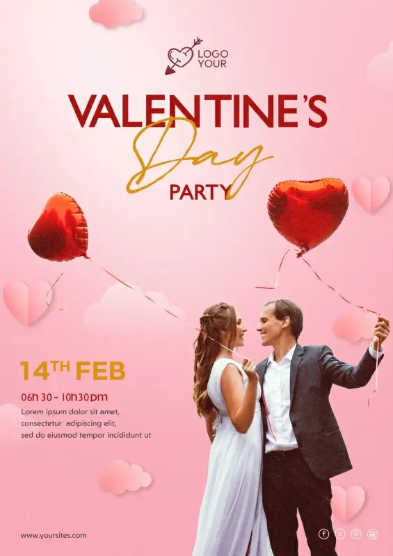 valentine day party poster  template elegant romance couple heart balloons design 