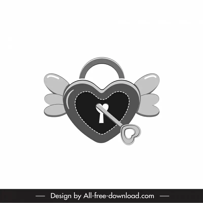 valentine design elements, black white 3d wings heart shaped lock key outline