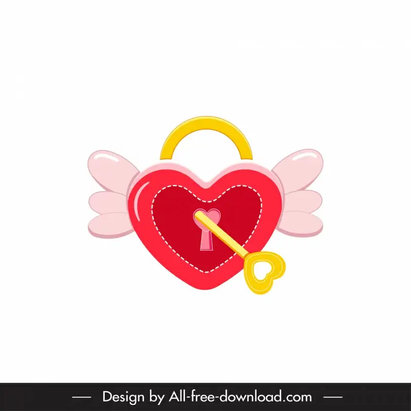 valentine design elements, wings heart shaped lock key sketch