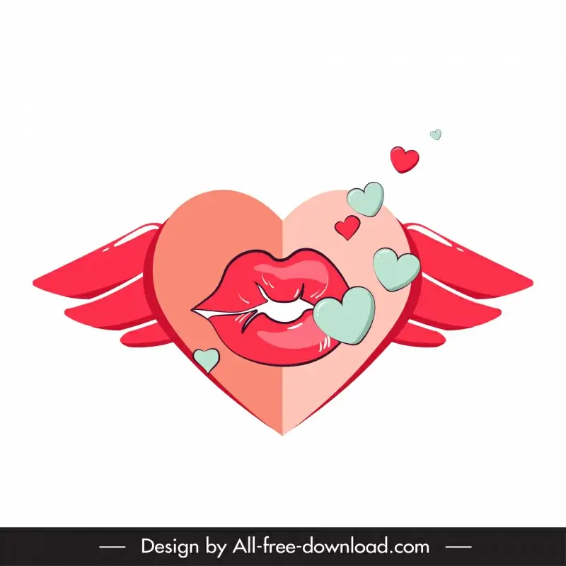 valentine icon kiss mouth hearts wings sketch