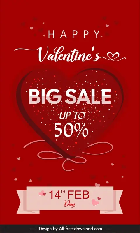 valentine sale poster template modern elegant red heart ribbon calligraphy decor 