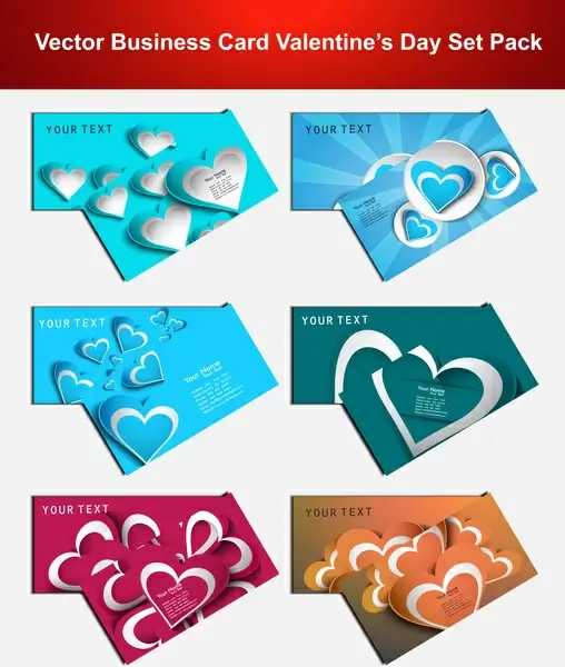 valentines day colorful hearts 6 business card presentation collection set