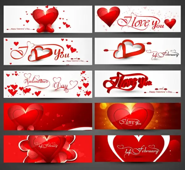 valentines day colorful hearts headers presentation collection set vector design