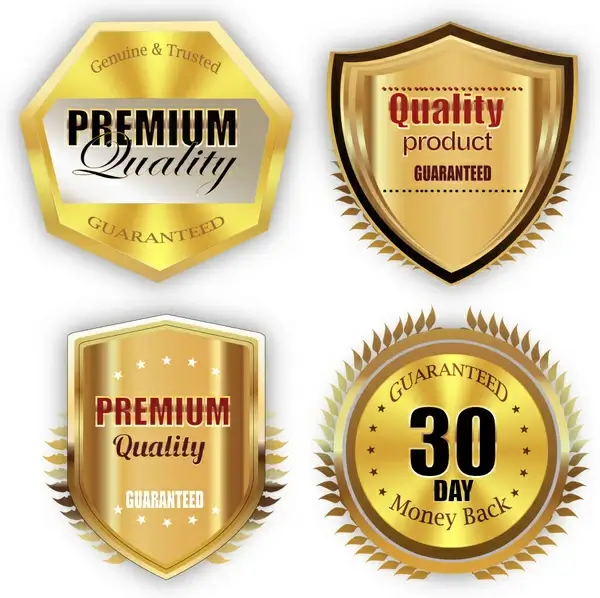 various shaped shiny golden quality gurantee labels collection