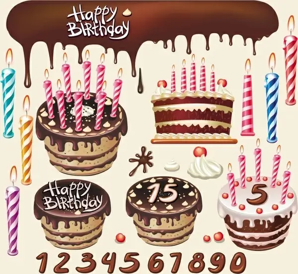 birthday banner cream cakes candles melting chocolate icons