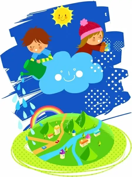 dreaming background children cloud countryside icons cartoon sketch