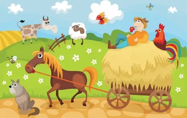 farming scene background colorful decor funny cartoon design