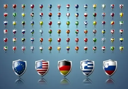 nation flags icons collection colorful shields shaped design