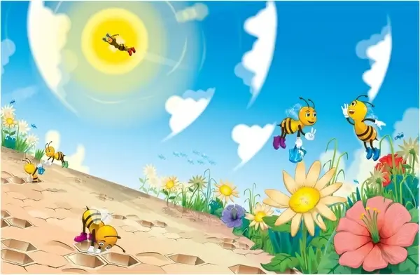 nature background floras bees sketch stylized cartoon design