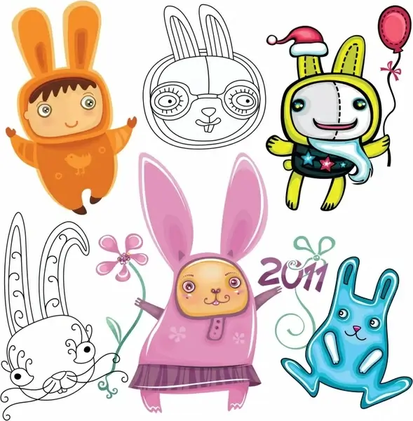 new year design elements cute bunny characters