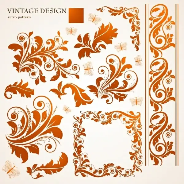 border design elements feather floral icons classical curves