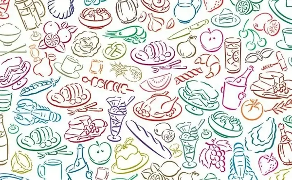 food pattern background colorful hand drawn sketch style