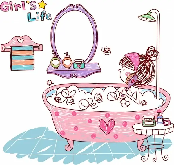 lifestyle painting bathing girl icon colorful handdrawn sketch