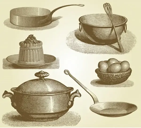 kitchen utensils icons retro handdrawn sketch