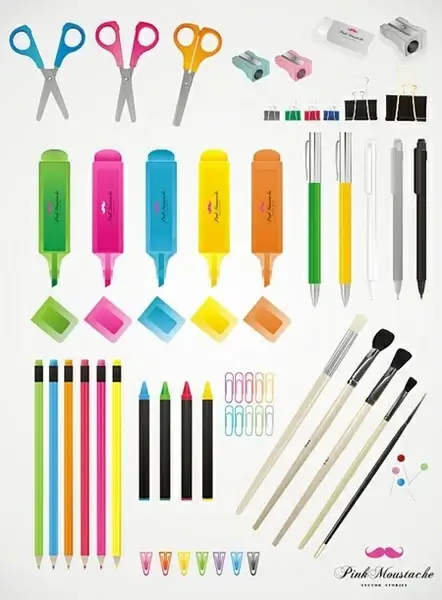 stationery icons collection various realistic colored style