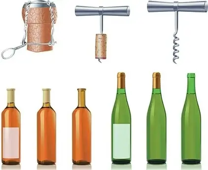 wine bottles and opener icons sets realistic style
