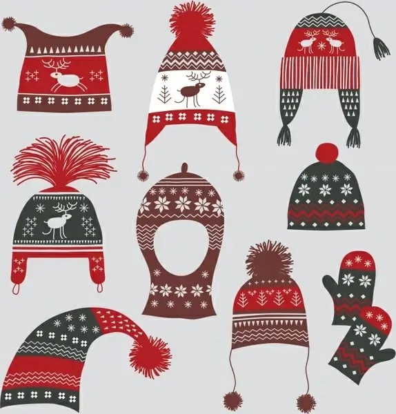 winter design elements classic woolen hat gloves sketch