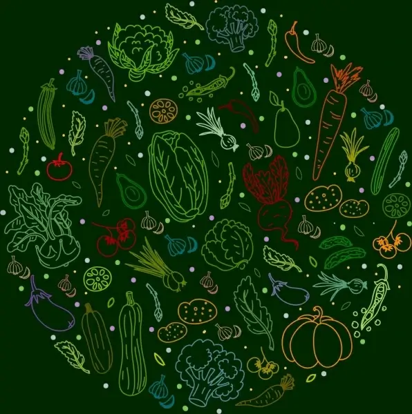 vegetables background colorful handdrawn sketch circle layout