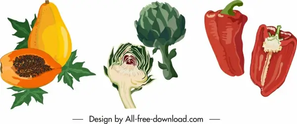 vegetables fruits icons colored classical flat handdrawn sketch