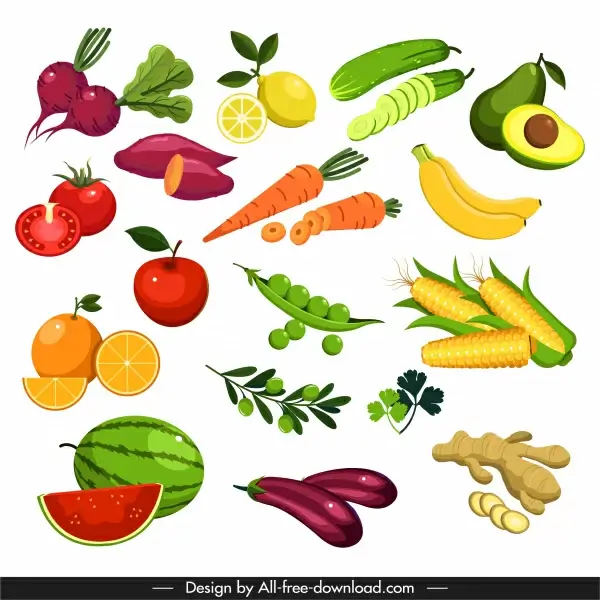 vegetables fruits icons colorful modern design