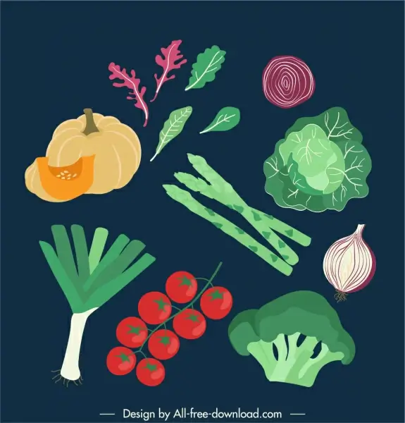 vegetables icons colorful classical design handdrawn sketch