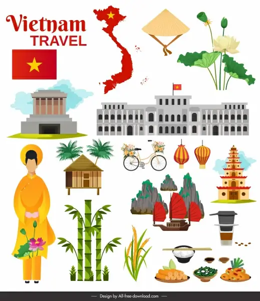 vietnam travel banner national symbols sketch colorful decor