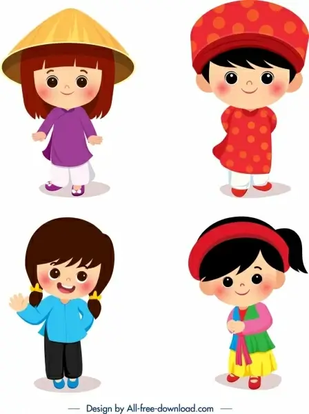 vietnamese traditional costumes templates cute kids icons
