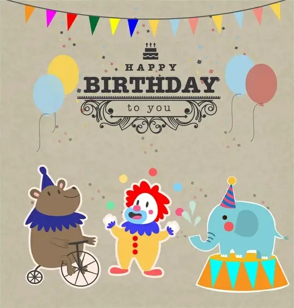 vintage birthday card vector illustration with circus animals