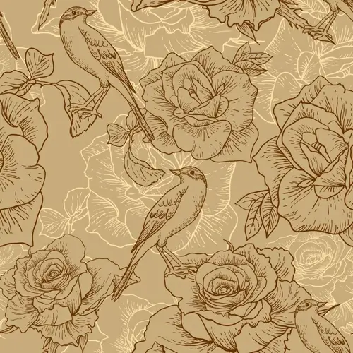 vintage hand drawn birds and flower pattern vector