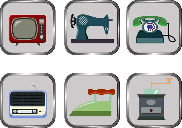 vintage home appliances icons on grey buttons