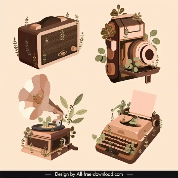 vintage objects background suitcase camera typewriter speaker sketch