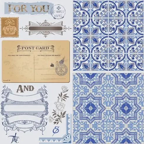 vintage postcard with blue ornament elements vector 