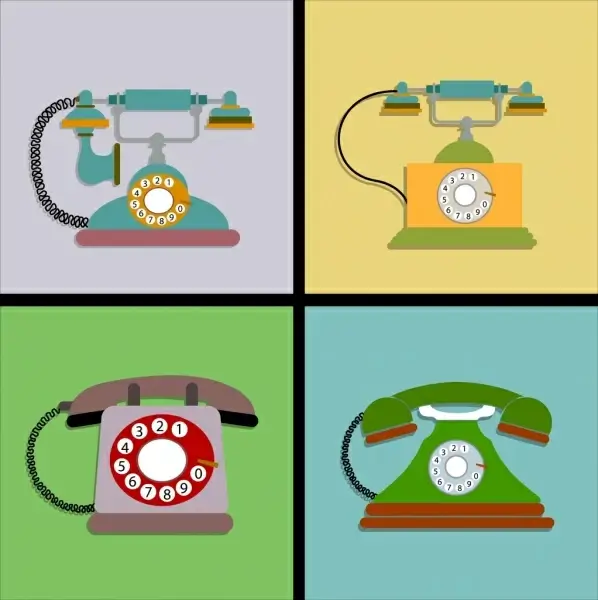 vintage telephone icons multicolored square isolation