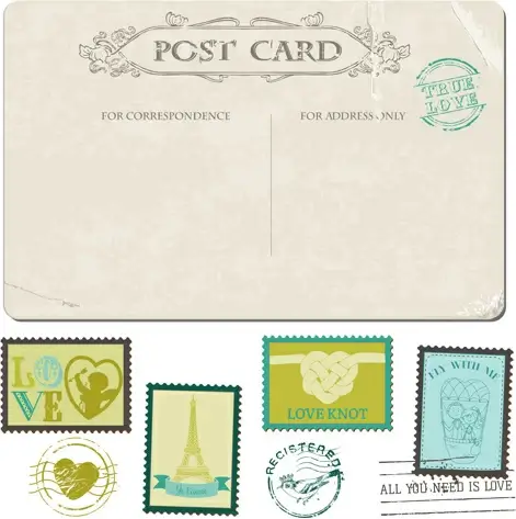 vintage wedding postcard with postage stamps vector